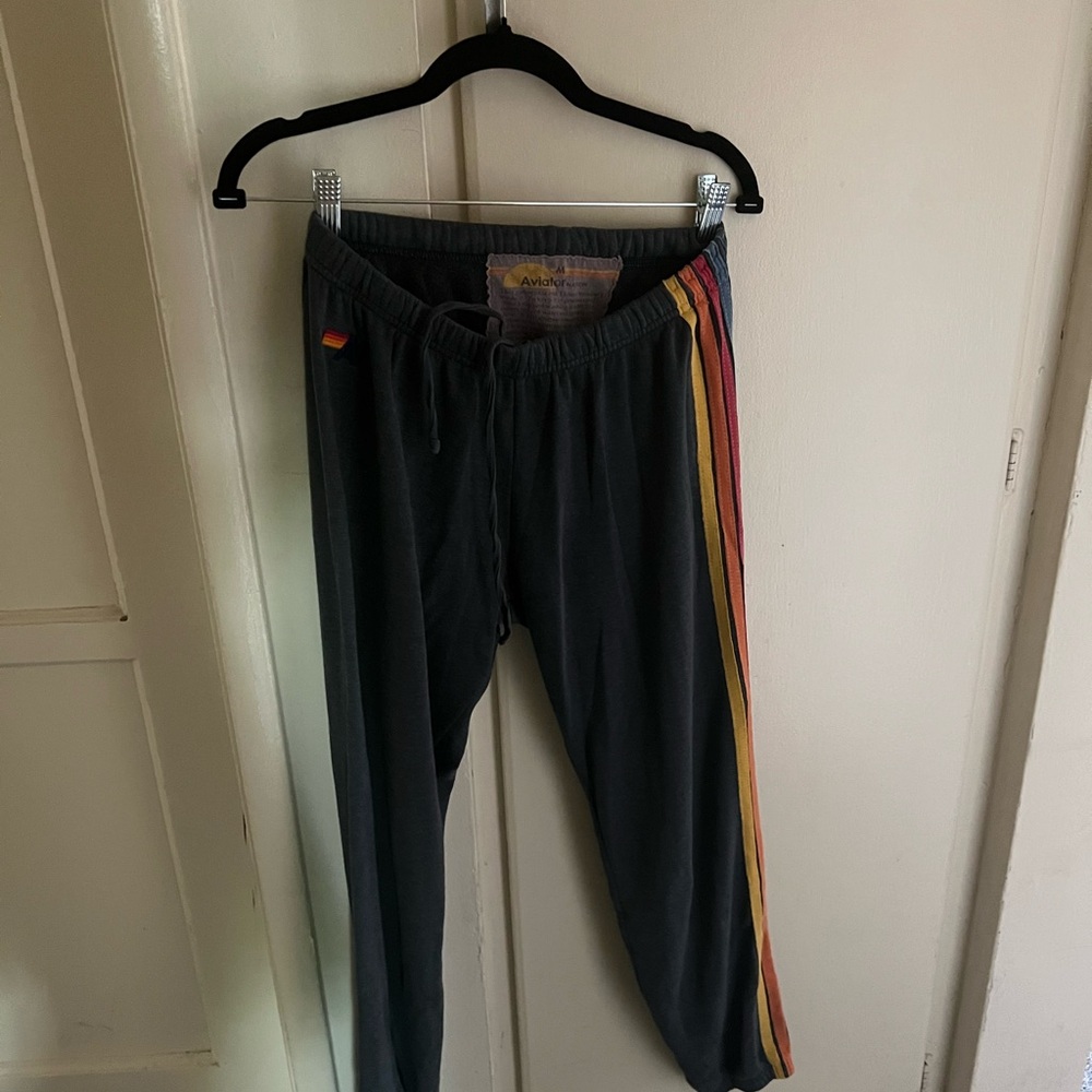 Aviator Nation Women's Dark Gray Sweatpants with Rainbow Stripes